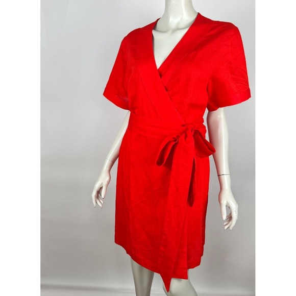Emily McCarthy Day Rob Linen Wrap‎ Dress Women M NWT Short Sleeve Pockets Tie - Picture 2 of 13